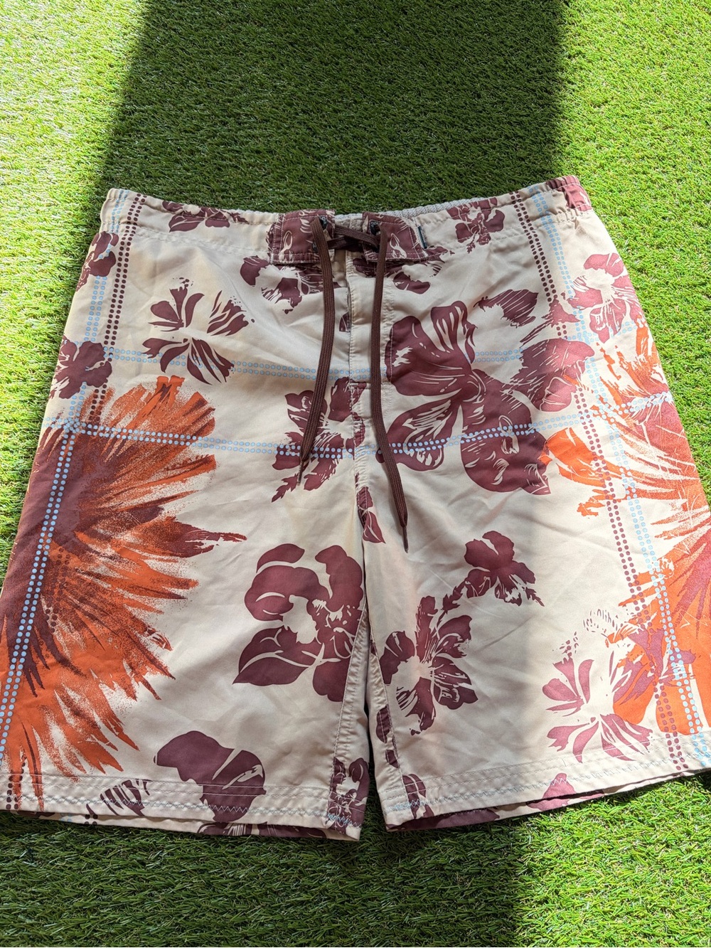 Dockers Beige Swim Board Shorts with Rust and Burgundy Floral Print